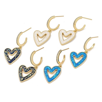 Rack Plating Heart Brass Micro Pave Clear Cubic Zirconia Dangle Stud Earrings, with Synthetic Opal, Cadmium Free & Lead Free, Long-Lasting Plated, Mixed Color, Real 18K Gold Plated, 35x16mm