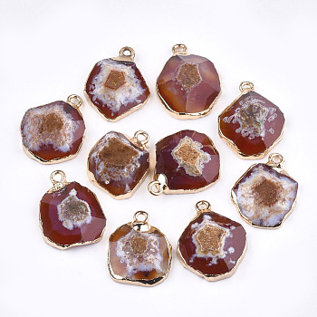 Electroplate Natural Agate Pendants, with Brass Findings, Faceted, Dyed, Golden, Crimson, 17~22x14~18x5~10mm, Hole: 1.8mm