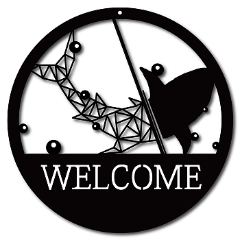 Iron Wall Decorations, with Screws, Flat Round with Whale Shape, Word Welcome, Electrophoresis Black, 30cm