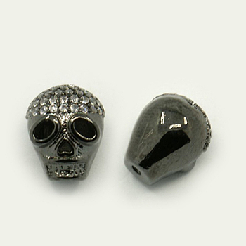 Brass Cubic Zirconia Beads, Skull, Gunmetal, 11x9x9mm, Hole: 1mm