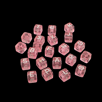 Transparent Acrylic European Beads, Random Mixed Letters, Horizontal Hole, Large Hole Cube Beads, Pearl Pink, 10x10x10mm, Hole: 4mm, about 530pcs/500g