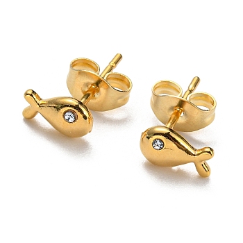 Vacuum Plating 304 Stainless Steel Fish Stud Earrings with Rhinestone for Women, Golden, 4.5x7mm
