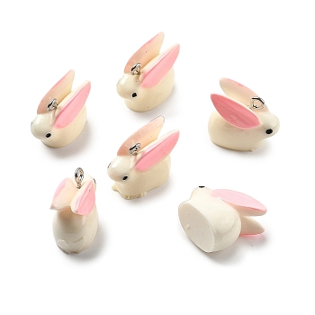 (Defective Closeout Sale)Opaque Resin Pendants, with Platinum Tone Iron Loop, 3D Rabbit, White, 17x19.5x11.5mm, Hole: 2mm