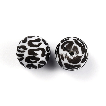 Food Grade Silicone Beads, Round with Leopard Print, White, 15mm, Hole: 2mm