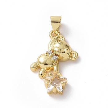 Brass Micro Pave Cubic Zirconia Pendants, Bear with Star Charm, Golden, Clear, 27x15x4.5mm, Hole: 5x4mm