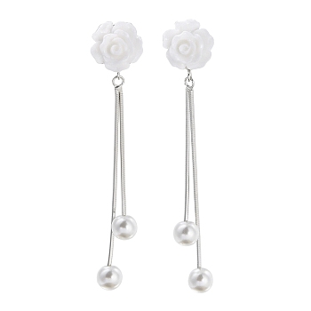 925 Sterling Silver Stud Earrings, with Resin Flower and Imitation Pearl Beads, Platinum, 51.5x9.5mm