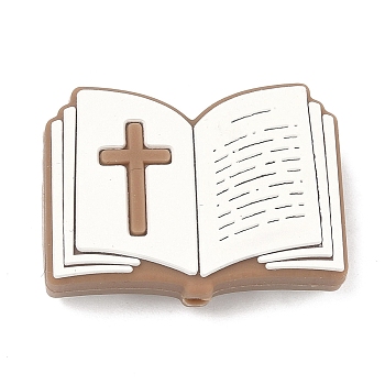 Silicone Focal Beads, Book with Cross , Camel, 20.5x29x9mm, Hole: 3mm
