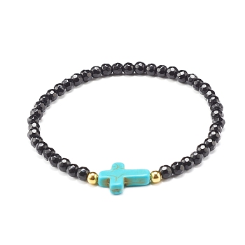 Cross Stretch bracelet for Girl Women, Synthetic Turquoise(Dyed) & Natural White Jade & Malaysia Beads Energy Bracelet, Turquoise(Dyed), Black, 2-1/4 inch(5.6cm)