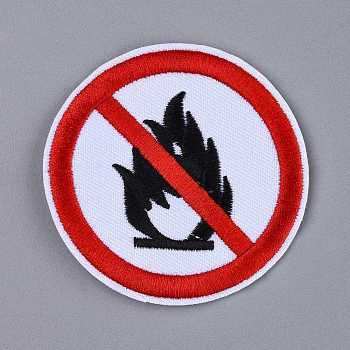 Computerized Embroidery Cloth Iron on/Sew on Patches, Costume Accessories, Prohibitory Sign, No Fire Red Round Sign, White, 72x2mm