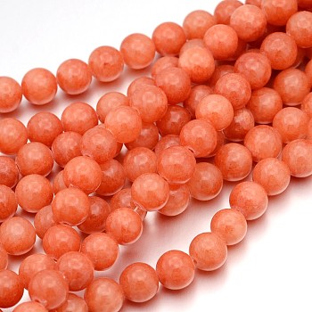 Natural Yellow Jade Beads Strands, Round, Dyed, Coral, about 8mm in diameter, hole: 1mm, about 50 pcs/strand, 16 inch