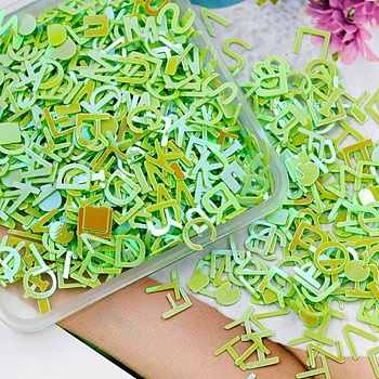 PVC Plastic Sequins, Nail Art Glitter, DIY Sparkly Paillette Tips Nail, Mixed Letter, Green Yellow, 6x6~7x0.2mm, 400pcs/bag