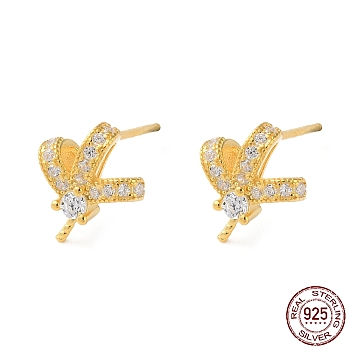 925 Sterling Silver Stud Earring Findings, with Clear Cubic Zirconia, Bowknot, for Half Drilled Beads, with S925 Stamp, Real 18K Gold Plated, 10x8.5mm, Pin: 11x1mm and 0.9mm