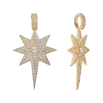 2Pcs Brass Micro Pave Clear Cubic Zirconia Pendants, Long-Lasting Plated, Star, Real 18K Gold Plated, 43.5x25x3mm, Hole: 7x3.5mm
