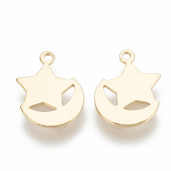 Brass Charms, Moon & Star, Nickel Free, Real 18K Gold Plated, 12x10x1mm, Hole: 1mm