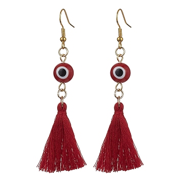 Evil Eye Lampwork & Tassel Earrings, Golden Iron Long Dangle Earrings, Red, 70~72x17~22mm