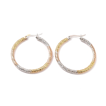 Vacuum Plating 201 Stainless Steel Textured Hoop Earrings with 304 Stainless Steel Pin for Women, Mixed Color, 9 Gauge, 36.5x35x3mm, Pin: 0.7mm