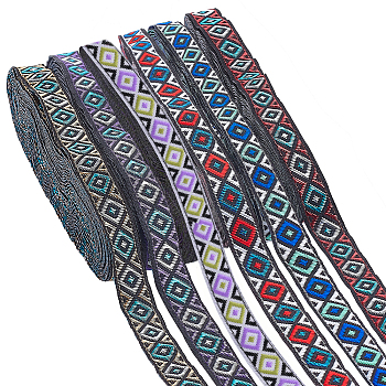 6 Bundles 6 Colors Ethnic Style Polyester Ribbon, Embroidery Ancient Hanfu Lace Ribbon, Rhombus Pattern, Mixed Color, 1/2 inch(12mm), about 7.44 Yards(6.8m)/bundle, 1 bundle/color