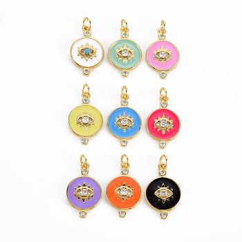 Brass Micro Pave Cubic Zirconia Enamel Pendants, with Jump Rings, Cadmium Free & Nickel Free & Lead Free, Real 16K Gold Plated, Flat Round with Eye, Mixed Color, 20.5x12.5x3mm, Jump Ring: 5x1mm, 3mm inner diameter