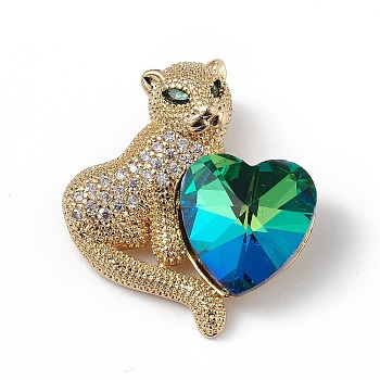 Real 18K Gold Plated Rack Plating Brass Micro Pave Clear Cubic Zirconia Pendants, with Glass, Long-Lasting Plated, Cadmium Free & Lead Free, Leopard with Heart Charm, Green, 24x22x8mm, Hole: 5x3mm