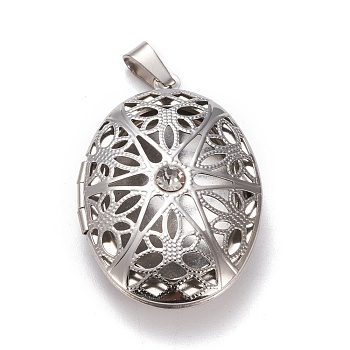 304 Stainless Steel Rhinestone Locket Pendants, Diffuser Locket, Hollow Oval, Stainless Steel Color, 39x26x11mm, Hole: 3x7mm, Inner Size: 27x18mm