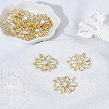 10Pcs Alloy Pendants, with ABS Plastic Imitation Pearl Cabochons, Flower Charms, Light Gold, 29x26x6mm, Hole: 1.8mm