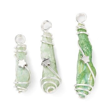 Electroplated Raw Rough Natural Quartz Crystal Copper Wire Wrapped Pendants, Green Plated Teardrop Charms with Bras Star Beads, Platinum, 28~40x7.5~10x10~11mm, Hole: 3.5mm