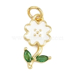 Brass Micro Pave Cubic Zirconia Pendants, with Enamel, Flower Charms, Long-Lasting Plated, Rack Plating, Lead Free & Cadmium Free, Real 18K Gold Plated, White, 17x8.5x2.5mm, Hole: 3.2mm(KK-F938-29G-01B)