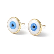 Enamel Evil Eye Stud Earrings, Real 18K Gold Plated Brass Jewelry for Women, White, 12mm, Pin: 0.8mm(EJEW-G334-01G-01)