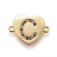 Brass Micro Pave Cubic Zirconia Links, Heart with Letter, Colorful, Golden, Letter.C, 14~14.5x19.5~20x1.5mm, Hole: 1.5mm(ZIRC-F093-55G-C)