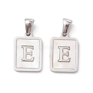 304 Stainless Steel Pave Shell Pendants, Rectangle Charm, Stainless Steel Color, Letter E, 17.5x12x1.5mm, Hole: 3x5mm(STAS-G327-01P-E)