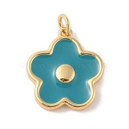 Rack Plating Brass Enamel Pendants, with Jump Ring, Cadmium Free & Lead Free, Long-Lasting Plated, Real 18K Gold Plated, Flower Charm, Teal, 18x16.5x2.5mm, Hole: 3.5mm(KK-Z047-02E-RS)