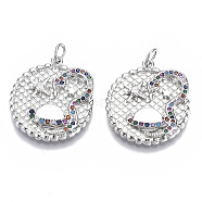Brass Micro Pave Cubic Zirconia Pendants, with Jump Rings, Flat Round with Snake, Nickel Free, Colorful, Real Platinum Plated, 22x20x3mm, Jump Rings: 5x1mm, Inner Diameter: 3mm(KK-N227-17P-NF)
