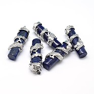 Column with Dragon Platinum Plated Brass Dyed Natural Lapis Lazuli Pendants, Cadmium Free & Lead Free, 40~42x13mm, Hole: 5x8mm(G-F228-23A-RS)