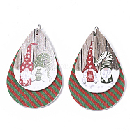 Christmas Theme PU Leather Big Pendants, with Platinum Tone Iron Jump Ring, teardrop, with Father Christmas, Camel, 56.5x37x3mm, Hole: 5mm(X-FIND-R080-06)