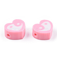 Handmade Polymer Clay Beads, Heart with Yin Yang, Pink, 8.5x9.5x4.5mm, Hole: 1.5mm(CLAY-T019-18A)