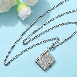 304 Stainless Steel Book Pendant Necklaces for Women, Stainless Steel Color, 18.23 inch(46.3cm)(NJEW-U037-01A-P)