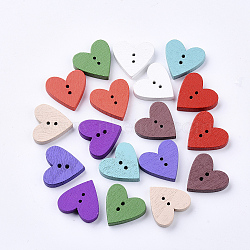 2-Hole Spray Painted Wooden Buttons, Heart, Mixed Color, 18x19x3.5mm, Hole: 1.2mm(X-BUTT-T007-012B-01)