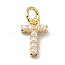 Rack Plating Brass with ABS Plastic Imitation Pearl Charms, Long-Lasting Plated, Lead Free & Cadmium Free, Real 18K Gold Plated, Letter T, 10.5x7x3mm, Hole: 3mm(KK-B092-30T-G)