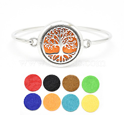 Brass Diffuser Locket Bangles, with Alloy Findings, 304 Stainless Steel Findings and Random Single Color Non-Woven Fabric Cabochons Inside, Magnetic, Flat Round with Tree of Life, Random Single Color, 2-3/8 inch(60mm)(BJEW-Q691-11)