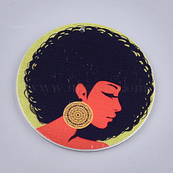 Printed Wooden Big Pendants, Dyed, Flat Round with Fashion Lady, Colorful, 60x2.5mm, Hole: 1.5mm(WOOD-S048-64)