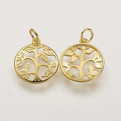 925 Sterling Silver Pendants, Flat Round with Tree of Life Tree, Golden, 16x14x2mm, Hole: 3mm(STER-K029-01G)