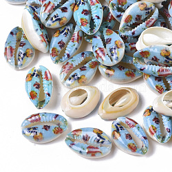 Printed Natural Cowrie Shell Beads, No Hole/Undrilled, with Flower Pattern, Light Sky Blue, 18~25x12~15x7mm(X-SSHEL-R047-01-C01)