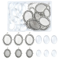 DIY Oval Dome Alloy Pendant Making Kits, with Glass Cabochons, Antique Silver, 18~40x13~30x2~5mm, Hole: 1.5~2mm, 10pcs/style(DIY-YW0010-14)