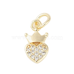 Rack Plating Brass Micro Pave Clear Cubic Zirconia Charms, with Jump Ring, Long-Lasting Plated, Lead Free & Cadmium Free, Strawberry with Crown, Real 18K Gold Plated, 12x6.5x1.5mm, Hole: 3mm(KK-Z060-18G)