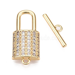 Brass Micro Pave Clear Cubic Zirconia Toggle Clasps, Lock, Real 18K Gold Plated, 21.5x10x3.5mm, Hole: 1.4mm, Bar: 4x14.5x1.5mm, Hole: 1.4mm(KK-N254-163G)