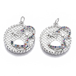 Brass Micro Pave Cubic Zirconia Pendants, with Jump Rings, Flat Round with Snake, Nickel Free, Colorful, Real Platinum Plated, 22x20x3mm, Jump Rings: 5x1mm, Inner Diameter: 3mm(KK-N227-17P-NF)