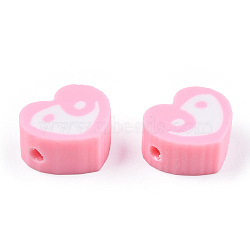 Handmade Polymer Clay Beads, Heart with Yin Yang, Pink, 8.5x9.5x4.5mm, Hole: 1.5mm(CLAY-T019-18A)