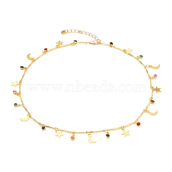 Brass Enamel Pendant Necklaces, with Bar Link Chains and Lobster Claw Clasps, Star & Moon & Flower, Golden, Colorful, 15.35 inch(39cm)(NJEW-JN03120)