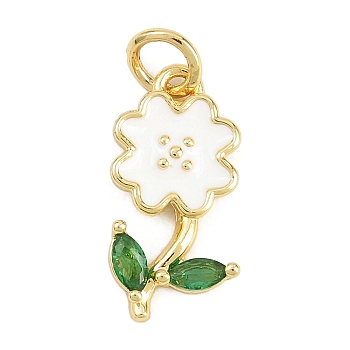Brass Micro Pave Cubic Zirconia Pendants, with Enamel, Flower Charms, Long-Lasting Plated, Rack Plating, Lead Free & Cadmium Free, Real 18K Gold Plated, White, 17x8.5x2.5mm, Hole: 3.2mm