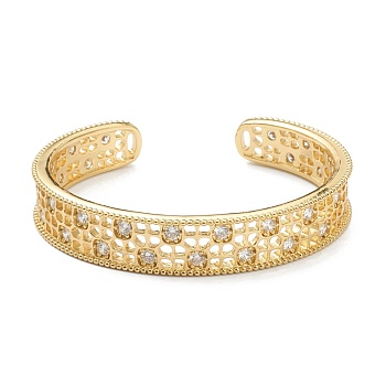 Brass Micro Pave Clear Cubic Zirconia Cuff Bangles, Hollow, Real 18K Gold Plated, Inner Diameter: 2-1/4 inch(5.75cm)